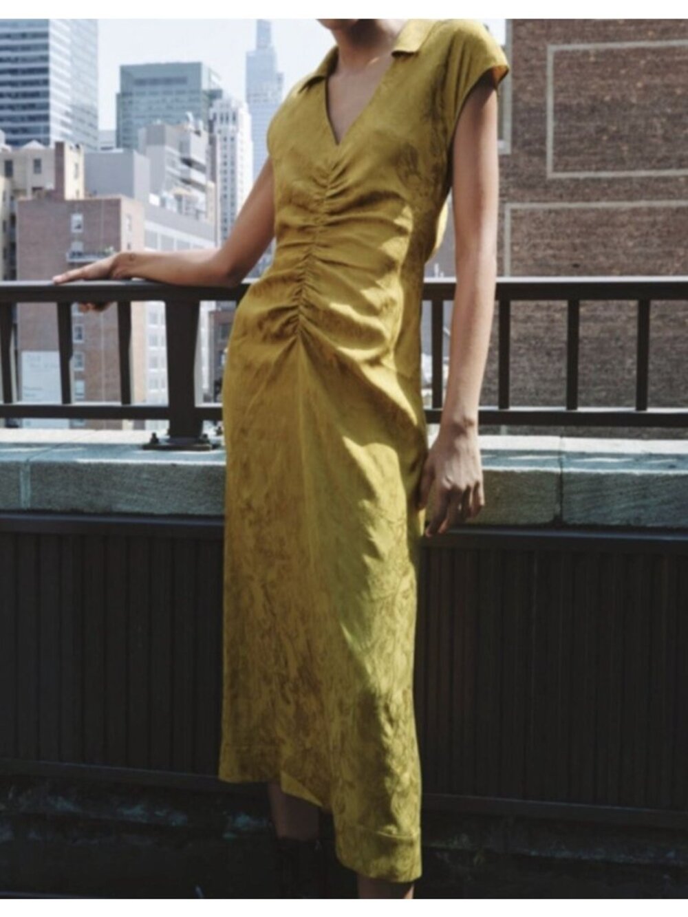 Zara Draped Jacquard Midi Dress Ruched Collared V Neck Pencil Olive Green XS